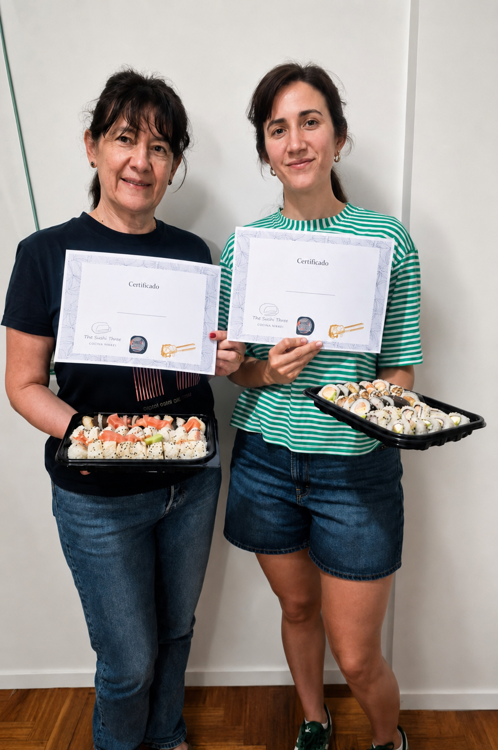 Dos alumnas con sus certificados y bandejas de sushi